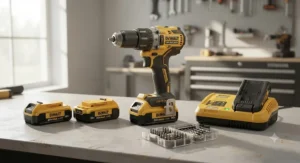 A professional brushless cordless drill set displayed alongside two lithium-ion batteries and a charging station.