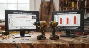 Graphs comparing torque output and power efficiency between brushless and brushed power drills