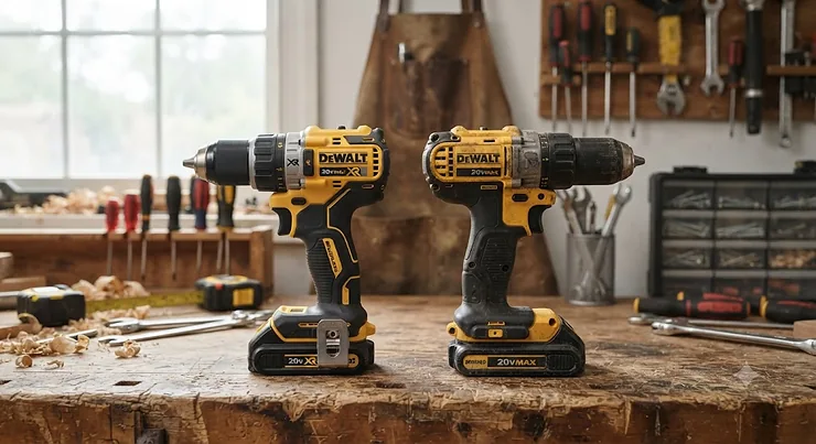 A side-by-side comparison of a brushless drill and a brushed drill on a workbench brushless vs brushed drill