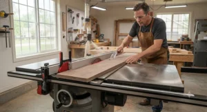 Woodworker making a precision rip cut on a cabinet table saw with a heavy-duty fence system.