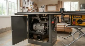 Close-up view of a professional cabinet table saw highlighting the enclosed cabinet base and powerful induction motor.