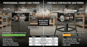 Infographic comparing the internal motor components and power output of cabinet saws versus contractor-style table saws.