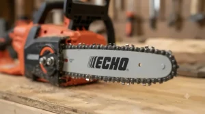 Close-up view of the short guide bar on a precision electric top handle chainsaw