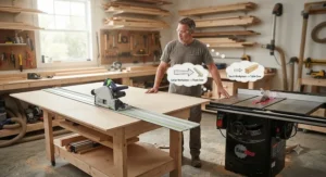 A woodworker deciding between using a track saw or a table saw based on the size of the project workpiece.