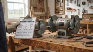Summary table helping woodworkers choose between a 6-inch or 8-inch bench grinder based on workshop needs.