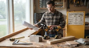 A homeowner deciding between a regular drill and a hammer drill while planning a home renovation project.
