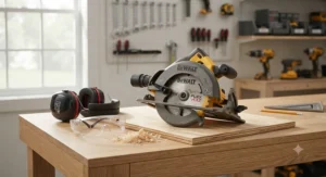 Safety glasses and ear protection placed next to the best circular saw for home improvement projects.