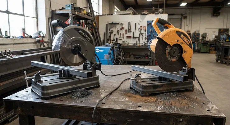Side by side comparison of a cold cut saw and an abrasive cut off saw in a workshop cold cut saw vs abrasive cut off saw