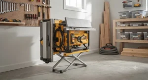 A portable table saw folded down for easy storage in a garage workshop.