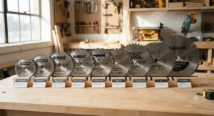 A lineup of various circular saw blades and sizes for different cutting applications.