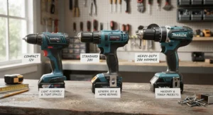 A comparison lineup of different sized cordless power drills suitable for various household tasks.