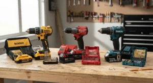 Side-by-side comparison of three popular cordless drill sets laid out on a wooden workbench.