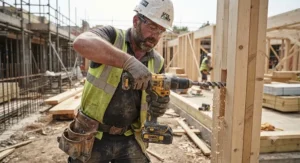 A professional contractor using a high-performance brushless cordless drill for heavy-duty construction