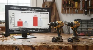 Infographic showing extended battery run-time benefits of brushless drills over brushed models