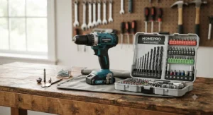 An organized drill bit set and driver bits laid out next to a cordless power drill for home repairs.