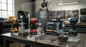 Professional impact drivers from DeWalt, Milwaukee, and Makita set up for a rigorous torque and performance test.