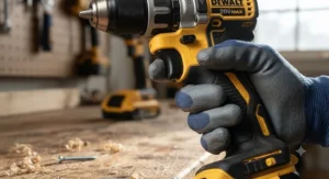 A close-up view highlighting the ergonomic rubber grip of the best cordless drill set.