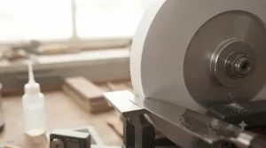 A fine-grit white aluminum oxide wheel attached to a bench grinder for safe knife sharpening.