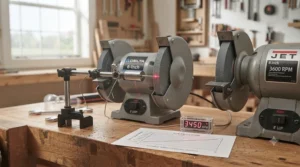 Infographic explaining how a 6 inch vs 8 inch bench grinder affects surface feet per minute and grinding speed.