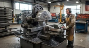 Industrial grade cold cut saw machine in a professional American metal fabrication facility