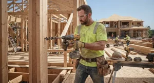 A contractor using a heavy-duty cordless drill set for a framing project on a construction site.