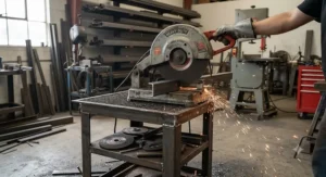 A heavy-duty metal cut off saw mounted on a sturdy stand for fabrication projects.