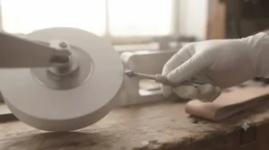 Using a leather honing wheel on a bench grinder to remove the burr after knife sharpening.