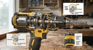 An illustrated diagram showing the internal hammering mechanism and reciprocating action of a hammer drill.