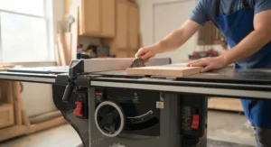 Close-up view of a beginner adjusting the blade height on a table saw for a safe wood cut.
