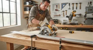 Step-by-step demonstration of measuring and guiding a circular saw along a straight edge.