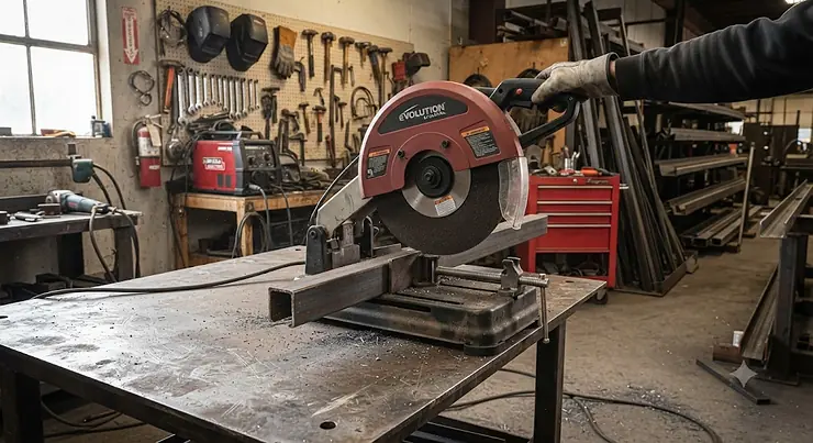 An industrial metal cut off saw sitting on a workbench in a professional metal fabrication shop. cut off saw for metal
