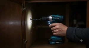 Built-in LED work light illuminating a dark workspace while drilling a hole in a wooden cabinet.