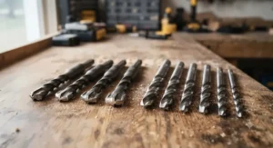A selection of carbide-tipped masonry bits next to standard twist drill bits on a workbench.