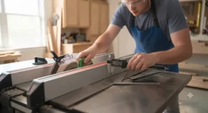 A woodworker checking the fence alignment on a table saw before making a cut.