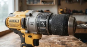 Close-up of the mode selector collar on a combi drill showing the hammer and regular drilling icons.