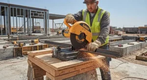 Portable abrasive chop saw set up on a construction jobsite for cutting structural steel