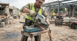 A portable dry cut metal saw being used on a construction job site.