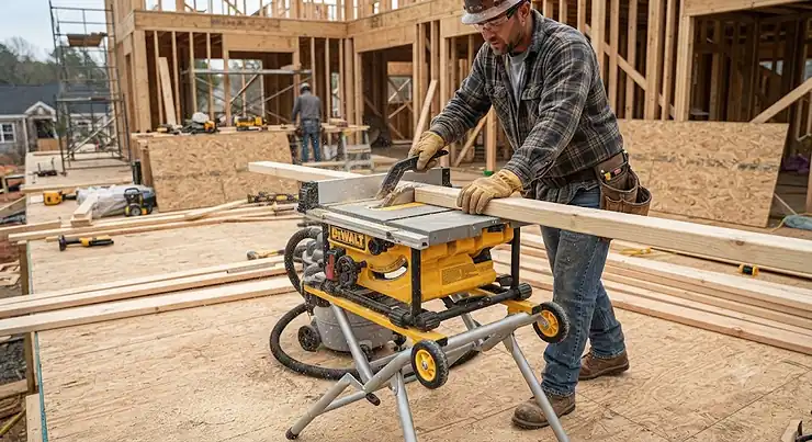 A construction worker using a portable table saw on a residential jobsite.