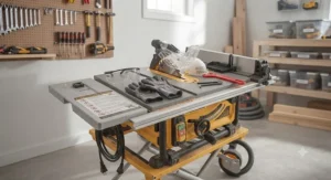 Safety gear placed next to a portable table saw including push sticks and eye protection.
