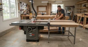 A professional woodshop setup featuring a full-sized cabinet table saw with an extended outfeed table.