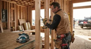 A professional American contractor working on a residential jobsite using tools from DeWalt, Milwaukee, and Makita.
