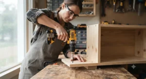 A DIYer using a regular drill and driver to assemble wooden furniture in a home workshop.