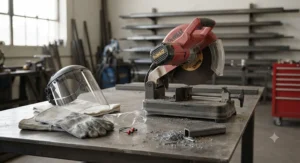 Essential safety equipment including face shield and gloves next to a metal cut off saw.