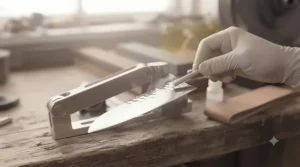 An angle gauge being used to set the correct bevel angle for knife sharpening on a bench grinder.
