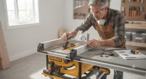 An expert showing how to calibrate a portable table saw for a precise cut.