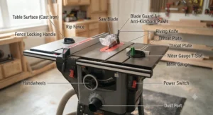 Diagram showing the essential parts of a table saw, including the fence, miter gauge, and riving knife.
