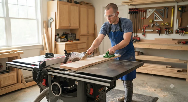 A beginner using a table saw with proper safety gear, including push sticks and eye protection.