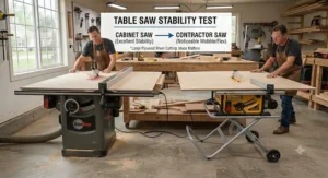 Visual demonstration of the stability difference when cutting large plywood sheets on a cabinet saw versus a contractor saw.