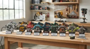 Top-rated circular saws lined up on a workbench for a performance comparison test.
