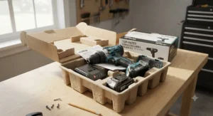 Unboxing the top-rated cordless drill and driver kit showing the drill, battery, and charger.